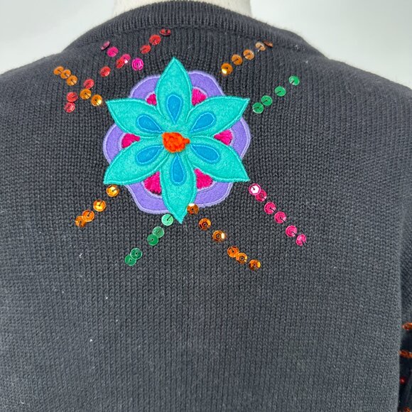 Berek Women’s Floral Button Front Black Cardigan Size L Sequins Embellished Vtg - Picture 10 of 13